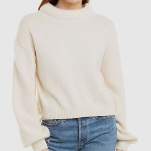 Something Navy Mock Neck Wool-Blend Sweater Women's Cream Ivory Puff Sleeve NWT